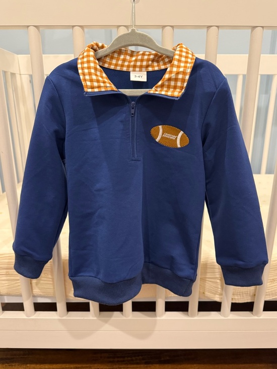 Other - Boys Navy Pullover with Orange Gingham Collar and Football Applique